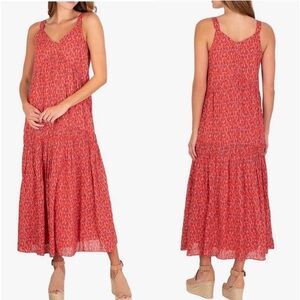 Joie Bondi  Sleeveless V Neck Tiered Red Pink Boho  Maxi Midi Sun Dress NEW